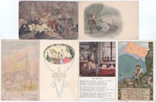6 db régi motívum képeslap: művészlapok, vegyes minőségben / 6 pre-1945 motive postcards: art postcards, in mixed quality