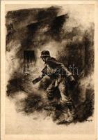 Robbanó töltés / Die Sprengladung / WWII Hungarian military art postcard s: Lipus Rudolf + So. Stpl (EK)