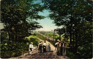 1909 Savanyúkút, Bad Sauerbrunn; Waldheim felé vezető út, vasútvonal / Partie im Waldheim / road, railway line (EK)