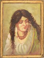Friedlinger Jenő (1890-?): Női portré. Olaj, vászon, kartonon. Jelezve jobbra lent. Dekoratív, kissé sérült fakeretben. 35,5x26 cm