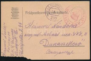 1916 Tábori posta levelezőlap "K.U.K. FELDPOSTAM 299" , piros / red "K.U.K. KRIEGSMARINE / S.M.S. SZAMOS" Dunaszekcsőre küldve, magyar nyelvű tartalommal