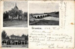 1902 Granica, railway station, bridge + "BÉCS - BUDAPEST 117. SZ." vasúti mozgóposta bélyegző (tear)