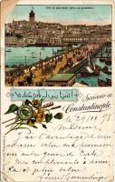 1898 (Vorläufer) Constantinople, Istanbul; Pont de Kara-Keuy, Prise de Stamboul. R. Rosenberg / port, bridge, ships. Art Nouveau, floral, litho (pinhole)