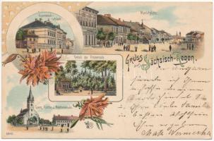 1896 (Vorläufer!!!) Szászrégen, Sächsisch-Regen, Reghin; Gymnasial-Gebäude, Marktplatz, Detail der Promenade, Evang. Kirche u. Mädchenschule / Gimnázium, Vásártér, piac, sétány, Evangélikus templom és leányiskola / grammar school, market square, promenade, Lutheran church and school. Art Nouveau, floral, litho + "SZÁSZ-RÉGEN - KOCSÁRD 129. SZ." vasúti mozgóposta bélyegző (ázott / wet damage)