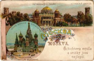 Moscow, Moskau, Moscou; Petrovsky palác, Velechrám Vasilje Blazeneho / Petrovsky (Petroff) Palace, Great Church of Basil the Blazen, with Schicht soap advertisement (Ústi nad Labem). Art Nouveau, floral, litho (non PC) (small tear)