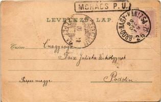 1899 (Vorläufer) Mohács, mohácsi korsósok, Lajos király szobor, látkép, mosónők, dunai malmok (hajóm...