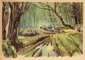 'Aus dem Wald von Kolodesy' / 'From the forest of Kolodesy' tank, soldiers s: Hermann Schneider, Katonák, tank, erdő