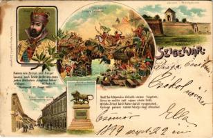 1899 (Vorläufer) Szigetvár, Várrom, Zrínyi Miklós halála és szobra, Biedermann utca. Corvin könyvnyomda kiadása. Art Nouveau, floral, litho (fl)