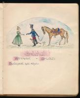 1920-1922 Régi emlékkönyv, bejegyzésekkel, rajzokkal. Egészvászon-kötésben, aranyozott lapélekkel