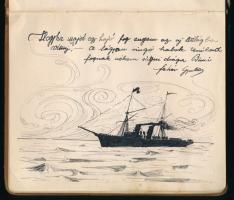 1920-1922 Régi emlékkönyv, bejegyzésekkel, rajzokkal. Egészvászon-kötésben, aranyozott lapélekkel