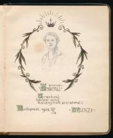 1920-1922 Régi emlékkönyv, bejegyzésekkel, rajzokkal. Egészvászon-kötésben, aranyozott lapélekkel