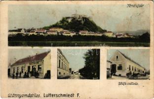 Németújvár, Güssing; vár, utcakép, Zöldfa szálloda, Lutterschmiedt Ferenc üzlete és saját kiadása / castle, street, hotel, shop (fl)