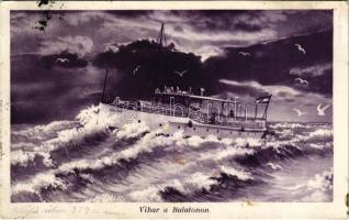 Balaton, vihar a Balatonon, "CSONGOR" motoros személyhajó (gyűrődések / creases)