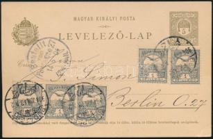 1904 5f díjjegyes levelezőlap 5 x Turul 1f kiegészítéssel Berlinbe / PS-card with additional franking to Berlin