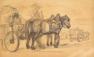 Lotz K jelzéssel (Lotz Károly?): Lovasszekér. Szén, papír, kartonra kasírozva. Lapszéli kisebb sérüléssel. 28×44,5 cm