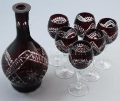 Bordó kristályüveg italos készlet, 6 pohár, dugó hiányzik, m: 14-23 cm