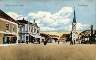 Érsekújvár, Nové Zámky; Kossuth Lajos tér részlet, templom, Leuchter Izidor üzlete. Szivesi kapus kiadása / square, church, shop (EK)