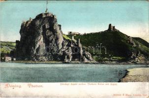 Dévény, Theben a. d. Donau, Devín (Pozsony, Bratislava); Thebner Ruine mit Árpád. Mehner &amp; Maas (Leipzig) / Dévényi Árpád szobor / monument (kopott sarkak / worn corners)