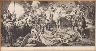 Benczúr Gyula (1844-1920) festménye után: Budavár visszafoglalása. Fotogravűr, papír. Jelzett a metszeten. Bruckmann kiadása. Fakeretben. 13x26 cm