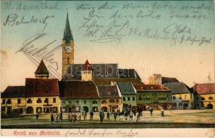 Medgyes, Mediasch, Medias; Fő tér, Evangélikus templom, piac, Theil üzlete. Reissenberger kiadása / main square, Lutheran church, market, shops (ragasztónyom / glue marks)