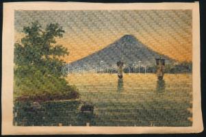 Jelzés nélkül, távol-keleti alkotó: Vitorlások. Akvarell, szalmafonat. Kissé sérült. Papírra kasírozva. 9,5x14,5 cm