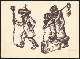 Gácsi Mihály (1926-1987): Három királyok. Linómetszet, papír, jelzett, 11x15 cm