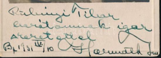 1931 Kubinyi Tibornak Harmath Jenő által dedikált fotólap, sérüléssel