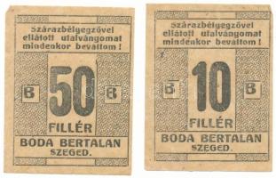 Szeged DN "Boda Bertalan Szeged" 10f utalvány, vékony hártyapapíron, szárazbélyegző nélkül + 50f utalvány, vékony hártyapapíron, szárazbélyegző nélkül T:AU,XF nagyobb sarokhajlások / Szeged ND "Boda Bertalan Szeged" 10 Fillér voucher, on thin paper without embossed stamp + 50 Fillér voucher on thin paper without embossed stamp C:AU,XF rather large corner folds Adamo SZE-12.1.1, SZE-12.3.1