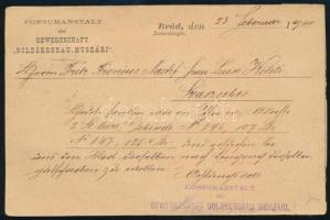 1900 Brád, Gewerkschaft Goldbergbau-Muszári fejléces levelezőlapja Brádról Szászsebesre küldve