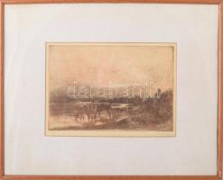 Elekfy Jenő (1895-1968): Este. Színezett rézkarc, papír, jelzett, üvegezett fakeretben, 20×29 cm