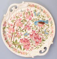 1887 Schütz kétfüles kínáló madaras - pillangós díszítéssel. Festői megjelöléssel, kopott, d: 26 cm