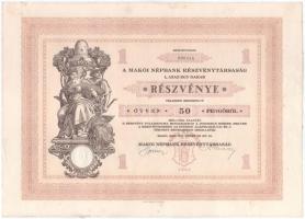 Makó 1929. "Makói Népbank Részvénytársaság" részvénye 50P-ről, szelvényekkel, szárazpecsét...