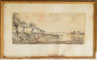 Würtz Ádám (1927-1994): Tiszapart 1958 Színes rézkarc, papír, jelzett, foltos, sérült. Sérült kerteb...