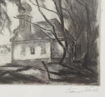 Szőnyi István (1894-1960): Vízparti templom, rézkarc, papír, jelzett, üvegezett fakeretben, 20x23 cm