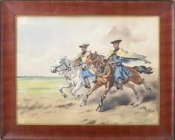 Kenéz jelzéssel, másolat Benyovszky után: Betyárok. Akvarell, papír. Dekoratív, kissé sérült fakeretben. 38x50 cm