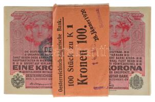 1916. 1K zöld "DEUTSCHÖSTERREICH" felülbélyegzéssel (100x) sorszámkövetők "321398 - 321498" (321465 kimaradt), eredeti kötegelővel T:UNC,AU széleken, sarkoknál kopások / Hungary 1916. 1 Krone with green "DEUTSCHÖSTERREICH" overprint (100x) seqeuntial serials "321398 - 321498" (321465 is missing), with original banknote wrapper C:UNC,AU wotn edges and corners Adamo K3B
