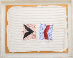 Bartl József (1932-2013): Két mező pettyezve, 2002. Akril, farost, jelzett a hátoldalán. Fakeretben, 36x47 cm.