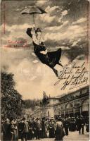 1904 Mariánské Lázne, Marienbad; Ein Ausflug. Verlag Leop. Weil (Karlsbad), Lederer &amp; Popper (Prag) / spa, montage with lady flying with an umbrella (EK)