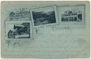 1900 Tusnádfürdő, Baile Tusnad; Hotel Sveiz szálloda, Sólyomkő, Hotel Kristó szálloda. Adler A. kiadása / Falkenstein / Piatra Soimilor / hotels, rock. Art Nouveau, floral (kopott sarkak / worn corners)