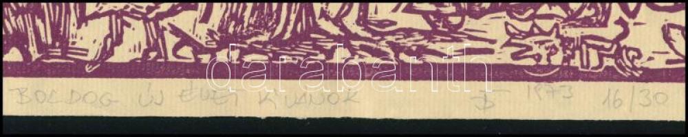 Banga Ferenc (1947-): Boldog új évet kívánok, 1973. Linómetszet, papír, jelzett, számozott (16/30). ...