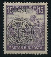 Kolozsvár 1919 Fehérszámú Arató 15f elcsúszott felülnyomással / Mi 31 I. shifted overprint Signed: Bodor
