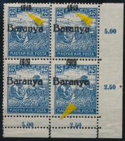 Baranya I. 1919 Arató 25f négyestömb antikva számokkal, kettős fogazással Signed: Bodor