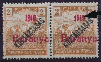 Baranya I. 1919 Arató/Köztársaság 2f pár, egyik antikva felülnyomással Signed: Bodor