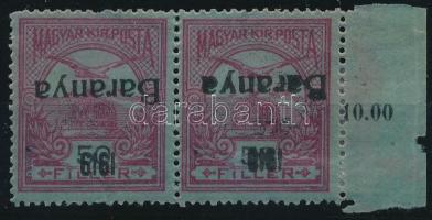 Baranya I. 1919 Turul 50f pár fordított felülnyomással Signed: Bodor