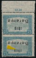 Baranya I. 1919 Parlament 75f pár fordított felülnyomással, közte antikva Signed: Bodor