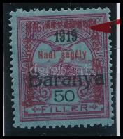 Baranya I. 1919 Hadisegély 50f antikva felülnyomással Signed: Bodor