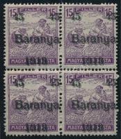 Baranya I. 1919 Arató 45/15f négyestömb kettős felülnyomással / double overprint (elvált fogak, hiányzó fog / aparted perfs., missing perf) Signed: Bodor