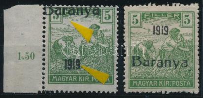 Baranya I. 1919 Arató 5f elcsúszott felülnyomással + támpéldány Signed: Bodor
