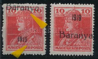 Baranya I. 1919 Károly 10f elcsúszott antikva felülnyomással + támpéldány Signed: Bodor