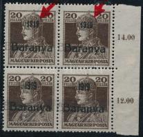 Baranya I. 1919 Károly 20f négyestömb, közte antikva felülnyomás (gumihiba / gum disturbance) Signed: Bodor